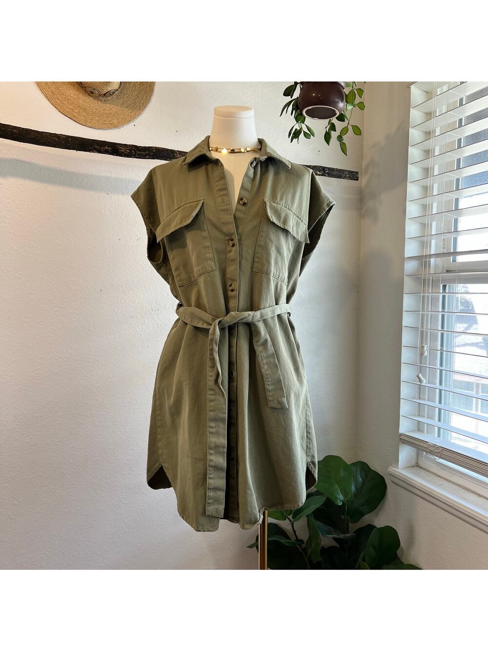 Vila Vitilo Belt Green Cotton Button Front Tie Waist Summer Dress Size Small